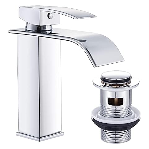 Wasserrhythm Basin Taps Mixers with Pop up Waste Waterfall Square Bathroom Sink Taps Chrome Brass with UK Standard Hoses Mono Modern Cover