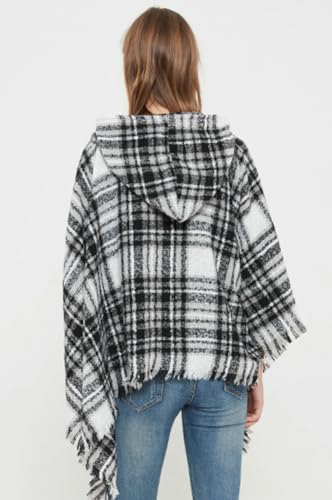 Rungion Women's Plaid Hooded Shawl Wrap Knitted Cape Poncho Pullover Hoodie Sweater Blanket Poncho with Fringes Winter Fall4