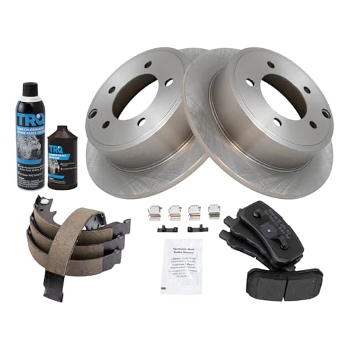 Image of TRQ Rear Brake Pad & Rotor Kit, with Chemical Kit Parking Brake Shoe Set Semi-Metallic Compatible with 2009-2014 Mitsubishi Lancer