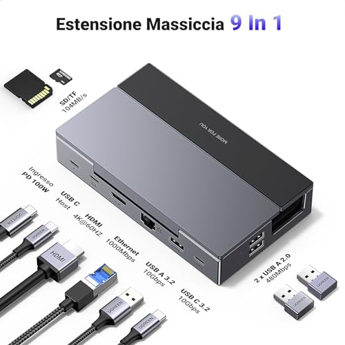 Hub USB C HDMI 4K 60Hz Dock Steam Deck ROG Ally Adattatore Type C 3.2 10Gbps Ethernet Gigabit PD 100W Ricarica Lettore di Schede SD TF Docking Station con Supporto Regolabile - Hub USB - Immagine 1