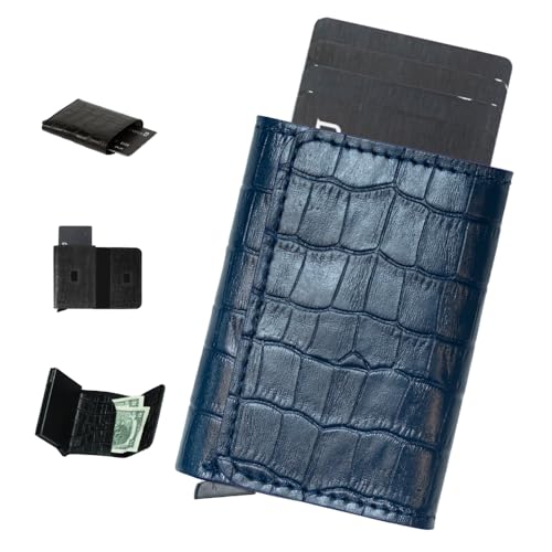 Jenoss Smart Wallet For Men: Full Grain Leather, Slide Metal Pop Up Case, Slim RFID Blocking Credit Card Holder, Minimalist, Compact, 6-8 Cards Organizers, Front Pocket, Money Clip (Navy 2)