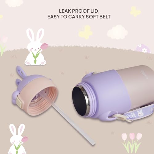 Image of Cello Bunny Kids Stainless Steel Flask 500ml, Purple | Double Walled Vacuum Insulated Technology | One Click Push Button to Open | Ideal for School, Sports, Picnics