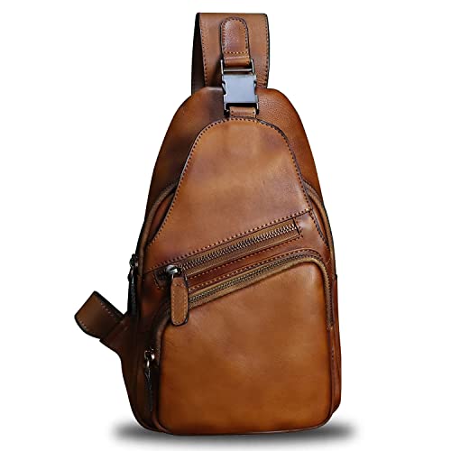 Genuine Leather Sling Bag Crossbody Purse Handmade Hiking Daypack Motorcycle Bag Retro Shoulder Backpack Vintage Chest Bag (Brown)2