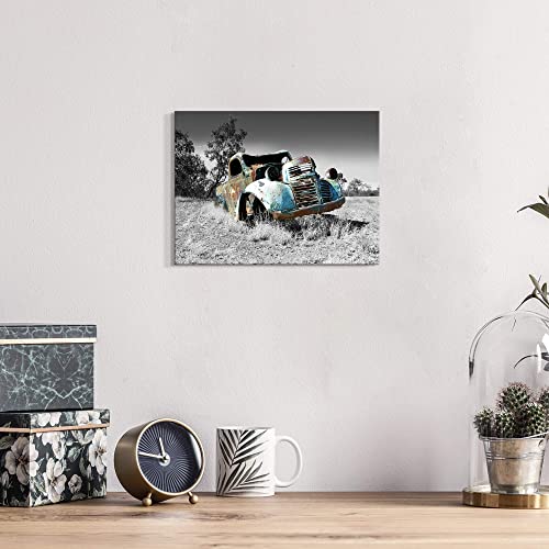Sunflax Car Picture Canvas Wall Art - Rusty Blue Truck Picture Country Painting Vintage Black And White Print Rustic Farmhouse Artwork For Bedroom Bathroom Office #TOP3