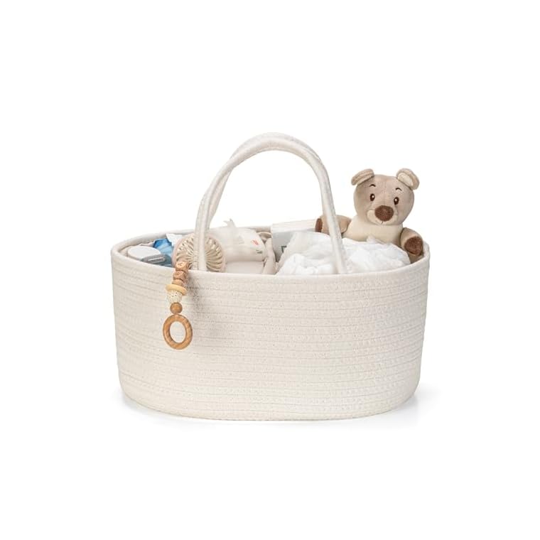Diaper Caddy Organizer, Baby Storage Basket, Nursery Bin and Car Organizer for Diapers, Gift Basket for Baby Shower List or Newborn Essentials, Boys and Girls - Off White
