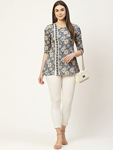Image of FABRIC FITOOR Womens Floral Print Cotton A-Line Top (Blue)