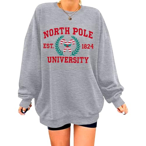 Sudaderas de Navidad para mujer, sudadera universitaria del Polo Norte, de gran tamaño, bordada, de manga larga, Gris, M