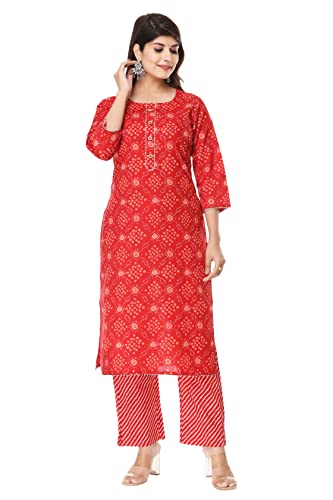VIHAAN IMPEX Indian Red Women Kurti Set con pantalón a juego Estampado Bandhej, rosso, 53 Cover