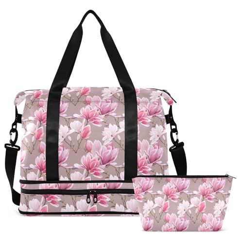 Magnolia Flower Blossom Pink Travel Duffel Bag for Women Men Gym Bag with Shoe Compartment Wet Pocket Carry On Weekender Overnight Bags for Travel Weekend Getaway
