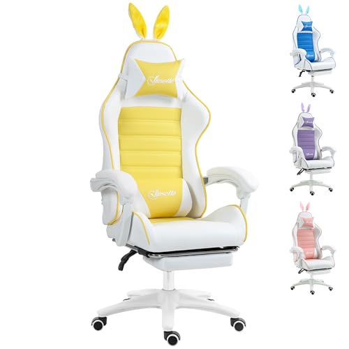 Migliori sedie gaming gialle Vinsetto Sedia da gaming reclinabile con poggiatesta e supporto per legname, sedia da computer in pelle PU con orecchie di coniglio rimovibili, poggiapiedi, giallo