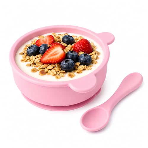 Image of Silicone Baby Feeding Bowl and Spoon Set for Babies with Suction Base, BPA-Free, Non-Slip, Safe for Infants and Toddlers Mealtime (Pink)
