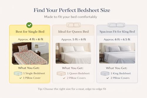 Image of elanorhomes 100% Cotton 240 TC Single Bed Sheet Set | Floral Hand Printed Bedsheet with Pillow Cover | Soft Breathable Summer Fabric for Bedroom | 60x90 Inches (Garden)