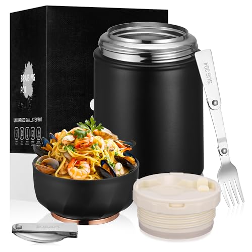 TranRantic Térmico para Comida Caliente, 500ML Acero Inoxidable Contenedor Térmico de Doble Pared, Matraz de Sopa Termo con Tenedor y Cuchara Plegables, Tarro de Comida para Comidas Calientes(Negro)