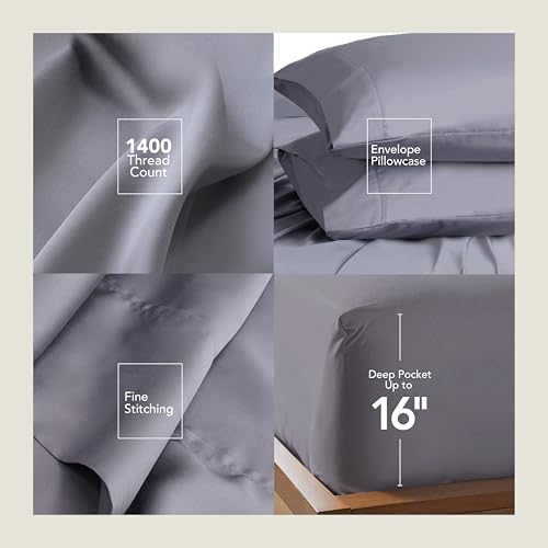 Image of Epitex Solid 4 Piece King Sheet Set - Viscose Derived from Bamboo, 1400 Thread Count, Breathable and Cooling Bed Sheets Set, Luxurious Bedding for Hot Sleeper, Deep Pocket up to 16'', Light Grey