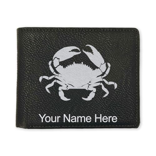 LaserGram Faux Leather Bi-Fold Wallet, Crab, Personalized Engraving Included (Black with Silver)