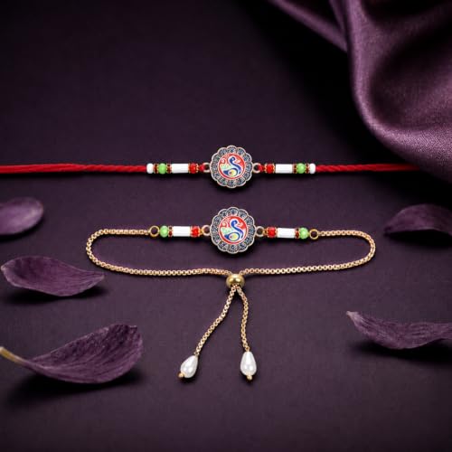 Image of Oblivion Rakhi Set for Brother and Bhabhi - Peacock with Feather Gift for Bhai & Lumba for Bhabhi with Silver Colour Coin and Greeting Card - Raksha Bandhan Combo