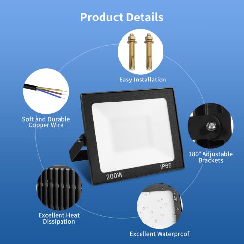 Viugreum 200W Led Floodlight Outdoor 16000LM Safety Light IP65 Waterproof Garden Flood Lights Unique Shell Work Lighting Cold White Wall Light with 75cm Cable Outside for Yard Garden Backyard - Image 4