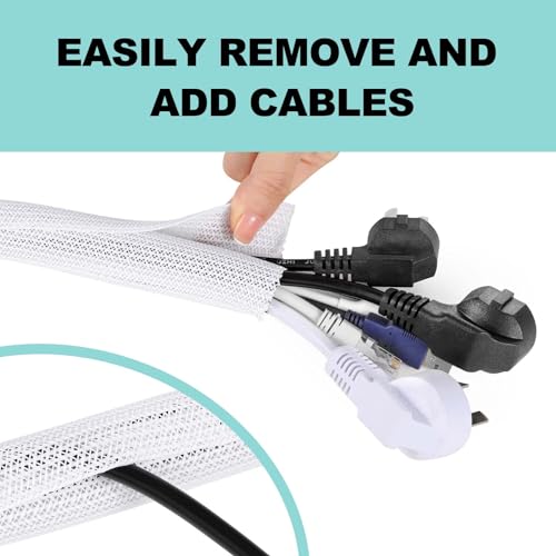 Image of AGPTEK Cable Sleeve Cover, 10ft - 1 inch Cord Management Wire Organizer Under Desk, Home Office Computer Wire Cover Hider Cord Protector, Protect Pet Cat Dog from Chewing, White