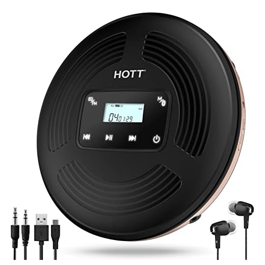 HOTT Portable CD Player with Bluetooth and FM Transmitter,Rechargeable Portable CD Player with Touch Buttons and Backlight,CD Player Walkman with AUX Cable,CD Player Shockproof for Home Travel