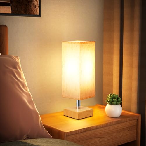 Image of Wood-Grain Small Bedside Lamp for Bedroom - Square Cream Fabric Shade | Inline Rocker Switch, Corded Electric, Bulb Not Included, 12.8 inch Mini Table Lamp for Nightstand, Desk, Dorm, Office