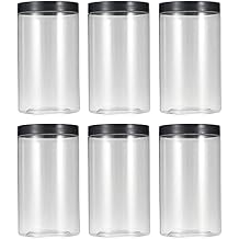 43oz 1280 ml Clear Plastic Jars with Smooth Black Lids and Labels 6 Pack, Wide Mouth, BPA Free, PET Jars Bulk for Home & Kitchen Pantry Organization and Storage Black