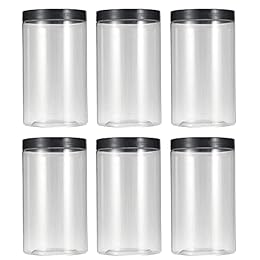 43oz (1280 ml) Clear Plastic Jars with Smooth Black Lids and Labels (6 Pack), Wide Mouth, BPA Free, PET Jars Bulk for Home & Kitchen Pantry Organization and Storage (Black)