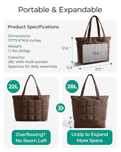 Image of BAGSMART Expandable Tote Bag for Women, Puffer Work Tote Handbag, Quilted Carry On Bag for Travel Gym