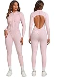 ABOCIW Jumpsuits for Women Contouring Seams Zipper Long Sleeve Workout One Piece Bodycon Yoga Romper Backless Full Length Catsuit Athletic Fit Unitard Pink 4-6