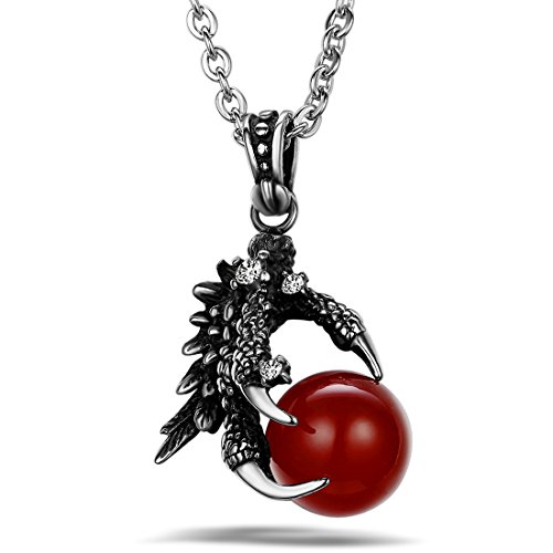 JewelryWe Joyas collar con hombres mujer FRESCO acero inoxidable garra dragón colgante de cadena larga de 22 ", plata rojo negro (con bolsa de regalo)