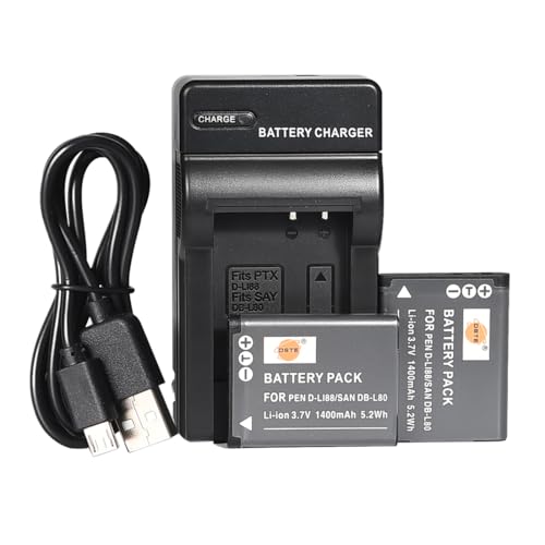 DSTE D-LI88 Li-Ionen Batterie (2-Pack) und Micro USB Ladegerät Anzug Kompatibel mit Pentax Optio H90, P70, P80, W90, WS80