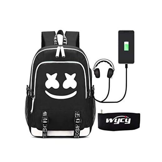 WYCY Mochila Luminosa Marshmello Bolsa para la Escuela Gran Volumen 36L con Puerto de Carga USB y línea de Audio Mochila Escolar Unisex Mochila con Llavero Bordado Colgante (Marshmello)