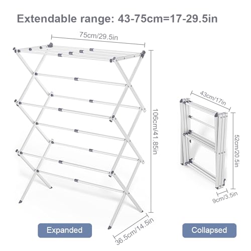 Bobikuke Klappbarer Wäscheständer mit 4 Kleiderbügel, ausziehbar Wäscheständer 3 Ebenen für drinnen und draußen, 73 x 35.5 x 105 cm - Weiß