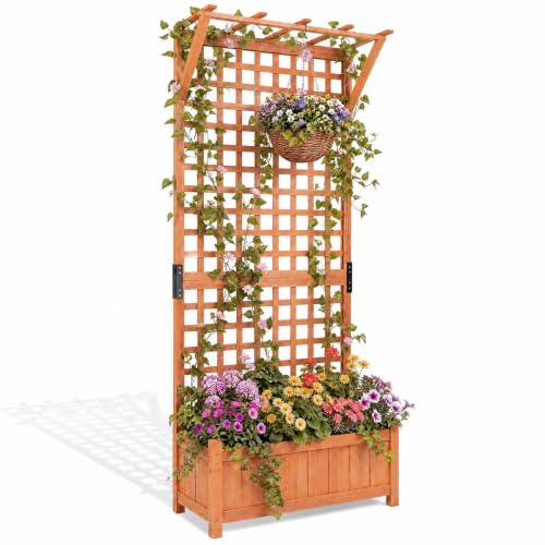 HOMASIS Hochbeet mit Rankgitter & Dach, Blumenkasten mit Spalier & Drainagelöchern, Pflanzkasten Holz, Pflanzkübel Rankkasten Gartenspalier für Balkon, Garten, Terrasse, Orange (75x33x181cm)