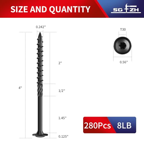 Image of #14 x 4 Inch Lag Screws (280Pcs) 8lb. Structural Wood Screw, Black, Carbon Steel, Washer Head, Rust Resistant epoxy Coated, T30 Star Bit