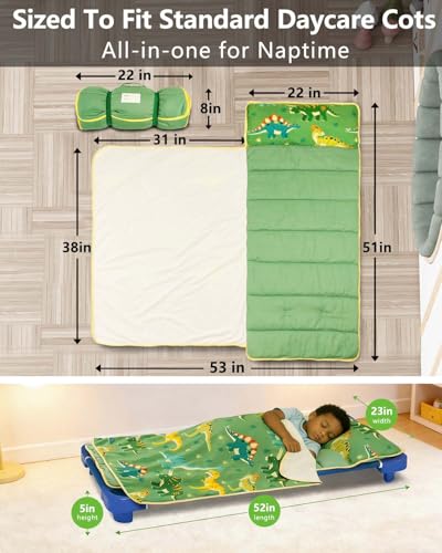 Image of Primlect Toddler Nap Mat, Portable Rolled Sleeping Mat | 51 inchx31 All-in-One Sleeping Bag with Removable Pillow and Soft Blanket, Machine Washable, for Daycare Travel, for Boys Girls