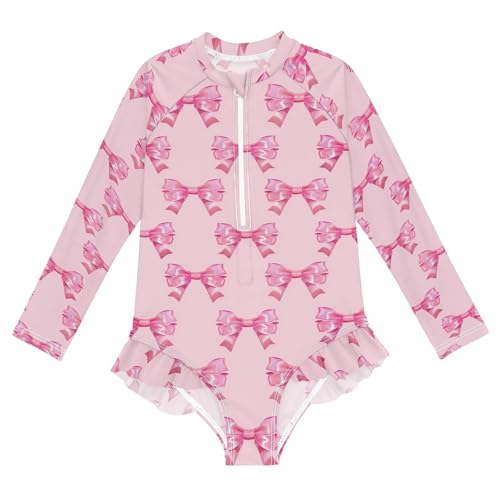 CaTaKu Girls One Piece Swimsuit Cute Ribbon Bow Toddler Bathing Suit Long Sleeve UPF 50+ Rash Guard Swimwear 3-12Y