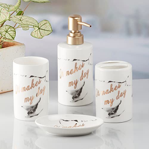 Image of SaSaSa Ceramic Bathroom Accessories Set of 4 Modern Bath Set with Soap Dispenser & Toothbrush Holder, Luxury Home & Gift Idea, White /Gold (7694)