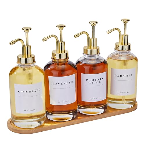 Coffee Syrup Dispenser for Coffee Bar, Coffee Syrup Pump Dispenser, Glass Syrup Bottle with Gold Upgraded Pump, 4 Pack 16.9 oz 500 ml Syrup Dispensers, 28 Labels and Large Bamboo Tray