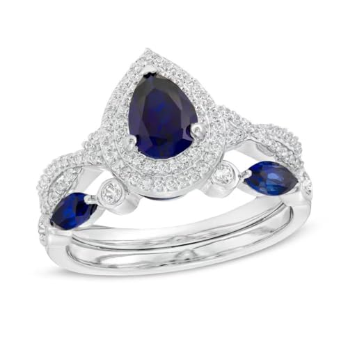 Rosie Collection Pear-Shaped Blue Sapphire Double Halo Twist Shank Art Deco Wedding Ring Bridal Set in Sterling Silver