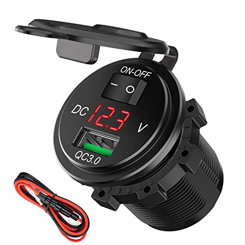 Quick Charge 3.0 USB Charger Socket, SunnyTrip 18W 12V/24V USB Power Outlet Adapter Waterproof Car Charger with LED Voltmeter & On Off Switch for Car RV ATV Boat Marine Motorcycle Mobile
