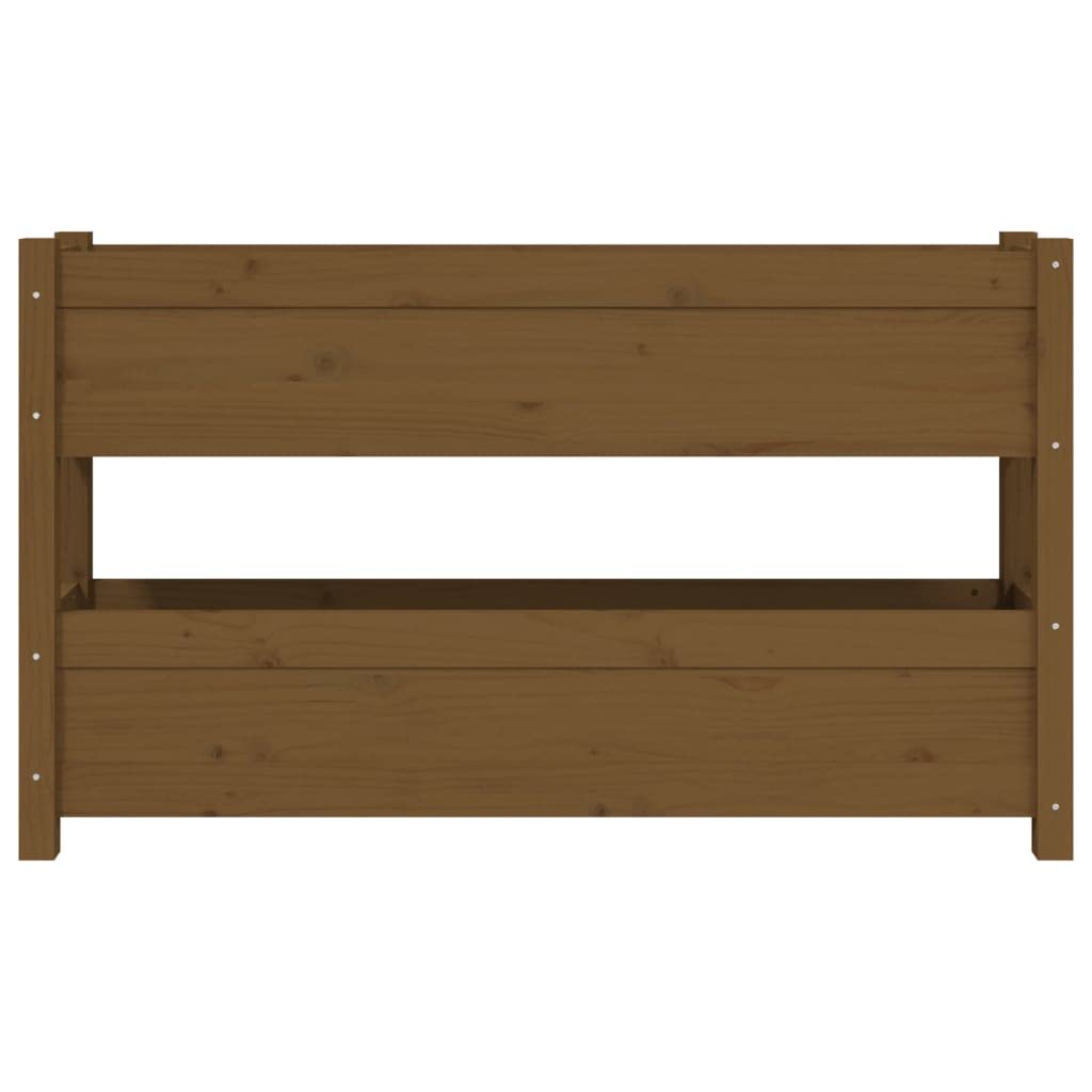 Jardinera de madera maciza de pino marrón ámbar 112 x 25 x 66 cm con 2 macetas, jardinera elevada para jardín, balcón o patio, estructura estable para plantas, flores, hierbas aromáticas,