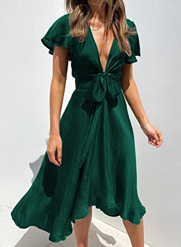 Image of miduo Womens Satin V Neck Ruffle Short Sleeve Tie Front High Waist Midi A-Line Maxi Dresses