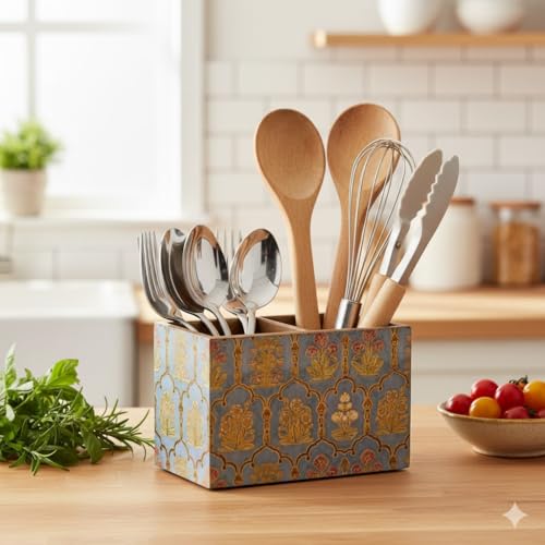 Image of Wooden Kitchen Cutlery Holder with 2 Compartments | Cutlery Stand for Dining Table | Spoon Stand | Black