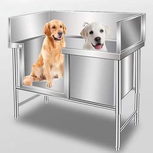 ZanLore ペットバス ドッグバス 大型犬用浴槽 犬用グルーミングバスタブ 犬用入浴タブ ステンレス鋼 厚い手 組み立て簡単 蛇口付き 滑り止めパッド付き スライドドア バッフル付き 頑丈 掃除が簡単 ウォッシュタブ 洗浄ステーション 多機能 家庭用