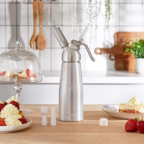 VonShef Whipped Cream Dispenser  500ml Cream Whipper with 3 Decorating Nozzles  Professional Aluminium Dispenser for Delicious Light & Fluffy Homemade Creams, Sauces, Desserts and Infused Liquors