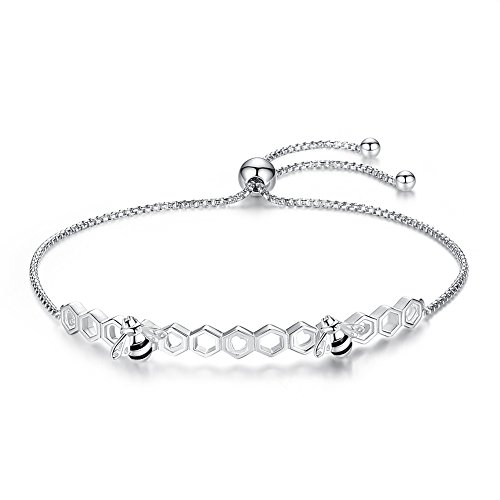Image of Honeycomb Honeybees Bracelet Sterling Silver 925 with Black Enamel Adjustable Bangle Link Chain 10 inch