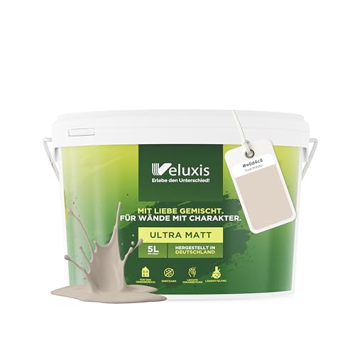 Veluxis® Wandfarbe Beige für den Innenraum - 5 Liter & Deckkraft-Klasse 1, Streifenfrei, tropfarm & Öko Farbe, VOC-frei - (Pure Potato)