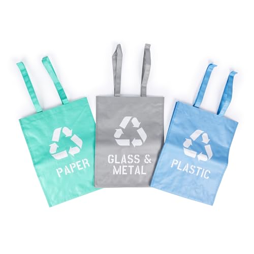 Beldray Juego de 3 bolsas de reciclaje - Para papel/vidrio y metal/plásticos, reutilizables, 44 l, con asas, fácil de reciclar, para el hogar, cocina, oficina, resistente al agua, fácil separación de