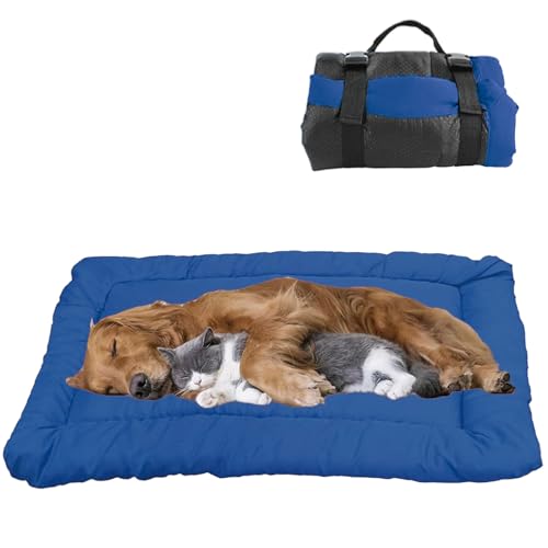 Outdoor Travel Dog Bed Waterproof Anti-Slip,Portable Roll Up Dog Beds for Camping,Durable Ripstop 1200D Nylon Fabric Dog Crate Pad Easy to Clean for Car,Sofa and Cage,Blue,36″x25″