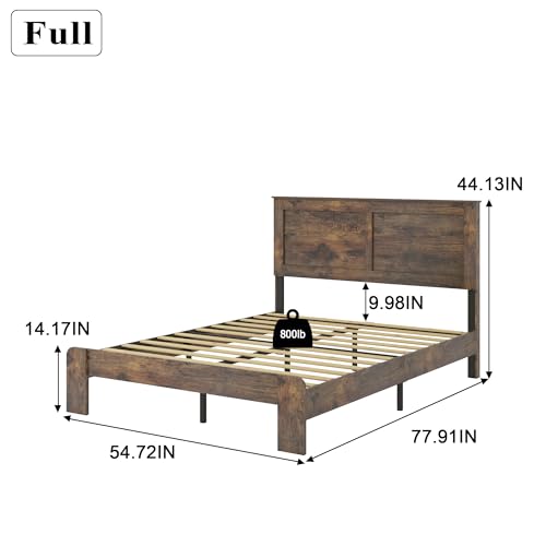 Image of Bellemave Rustic Vintage Full Size Bed Frame with Headboard,Wooden Platform Bed Frame Full Size with Wood Slats,Easy Assembly,Dark Brown